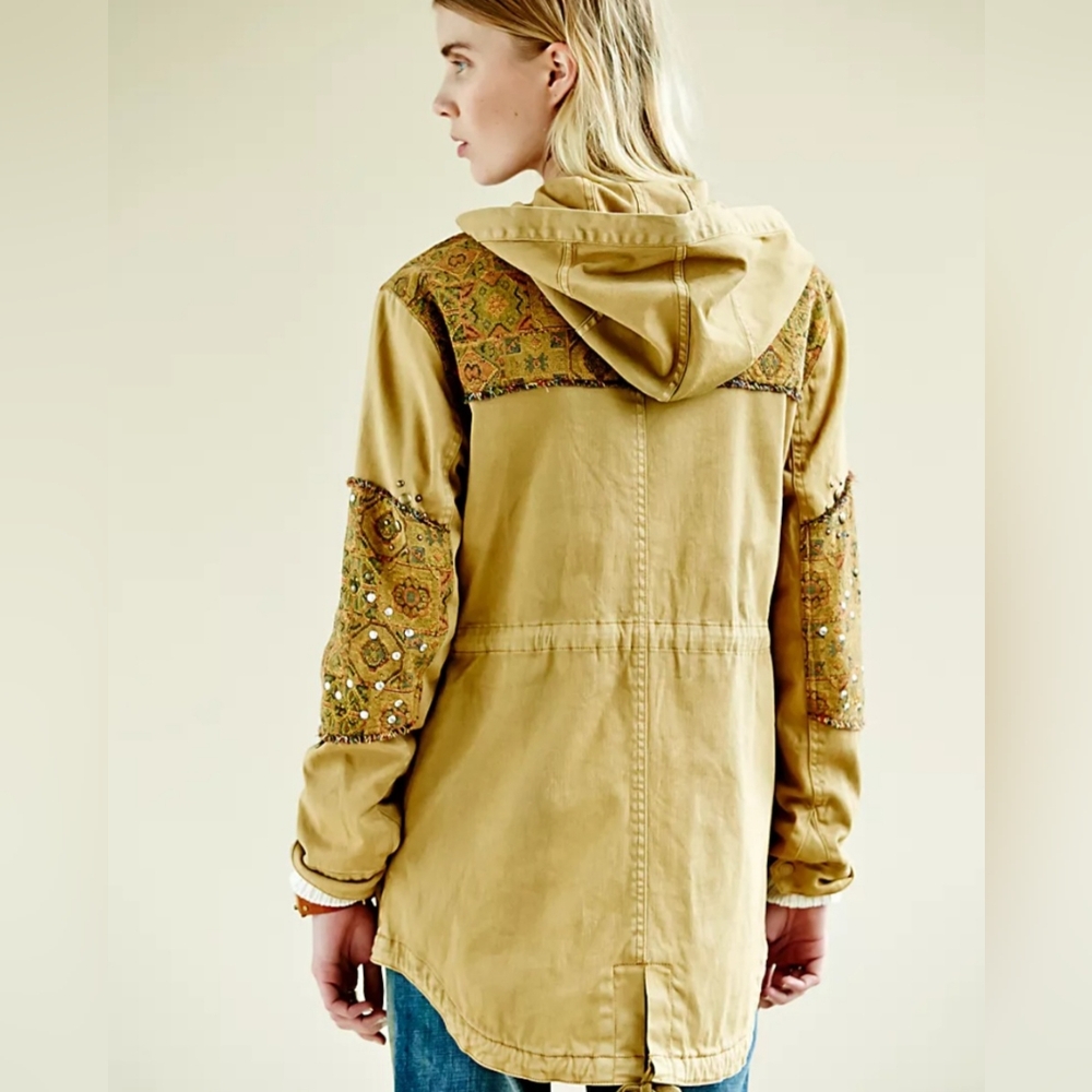 Boho Free People Warm Crafted Cloth Tapestry Utility Jacket Fully Lined